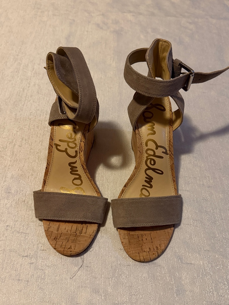 Sam Edelman Taupe Suede Ankle-Strap Cork Sandal Wedges